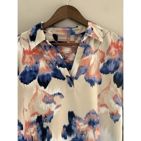 Chicos 2 Abstract Floral Blouse Top V Neck Roll Tab Slv Flowy Silky Satin Large - Picture 16 of 16